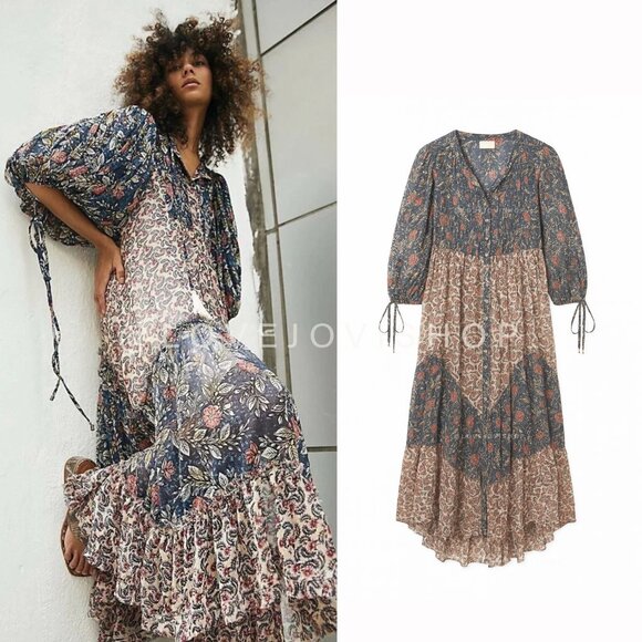 Bohemian | NWT Free People Western Floral Maxi Dress | CottageCore Prairie Blue - Picture 1 of 9